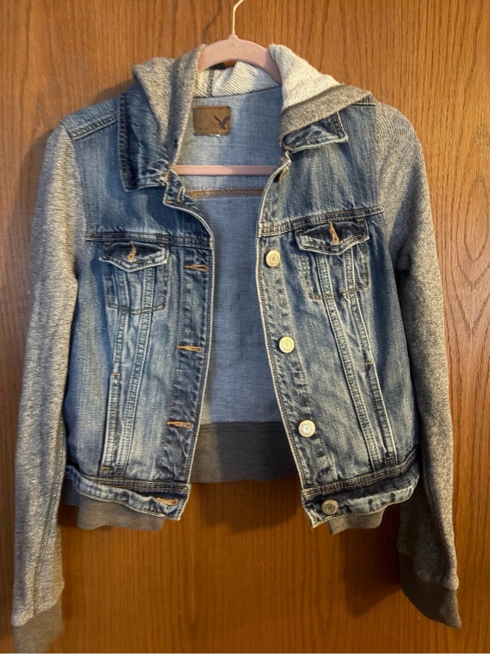 American Eagle Hooded Jean Jacket with Grey Knit Sleeves